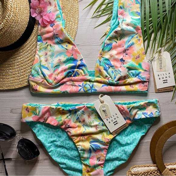 Billabong Other - Billabong • Sweet Tropics Reversible Floral Plunge Bikini Top | Lowrider Bottoms